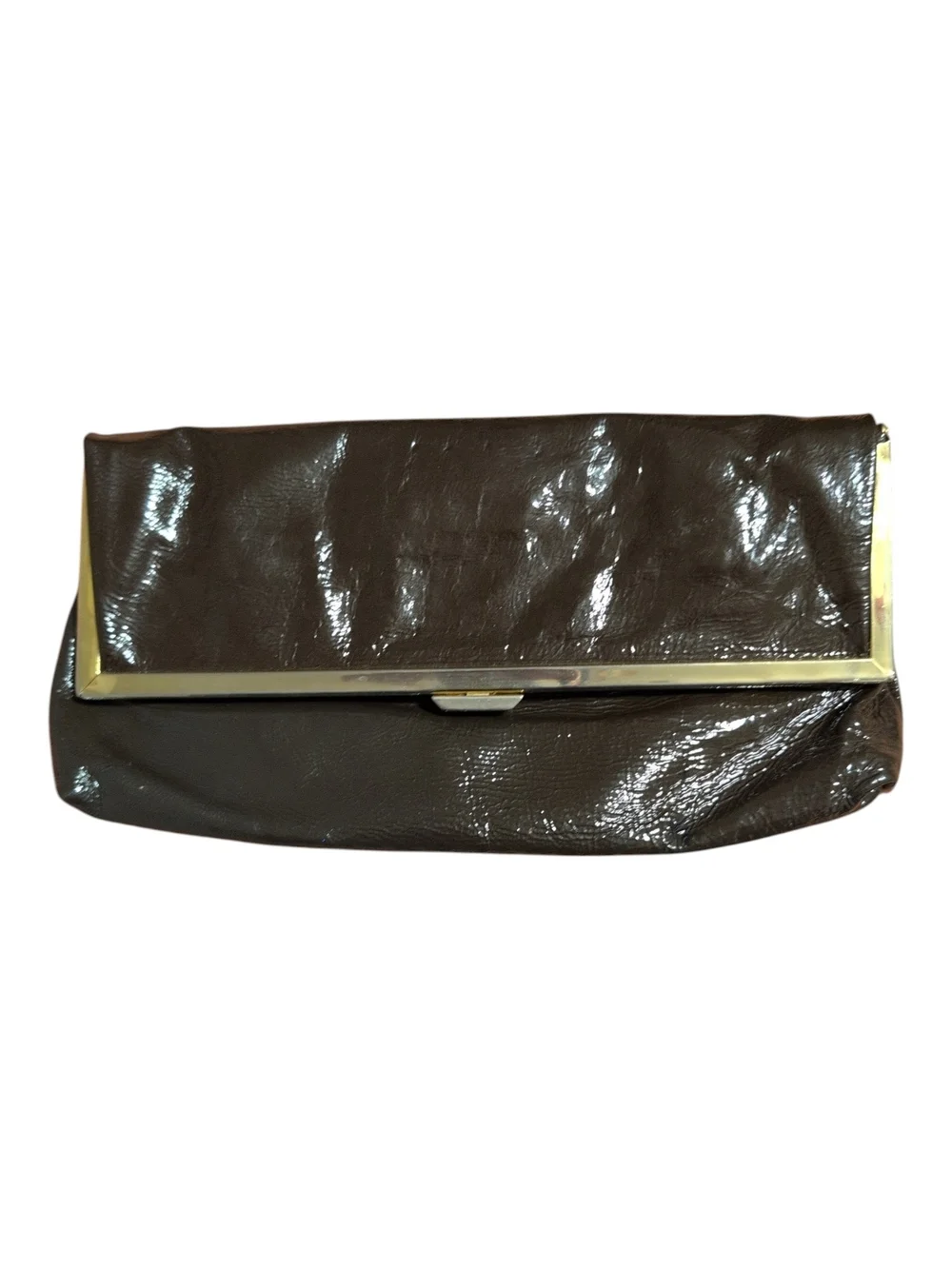 Vintage Goldenbleu Patent Fold-Over Clutch in Deep Brown with Gold Trim
